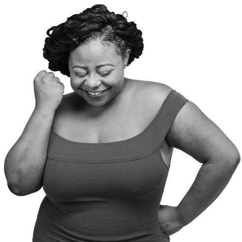 Colour woman smiling fist raised because she solved her urinary incontinence problem